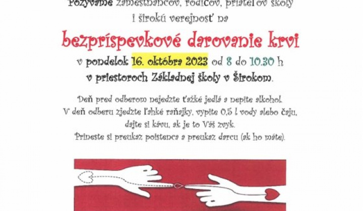 1. fotografia fotogalérie Darovanie krvi        16.októbra 2023 v ZŠ Široké - foto