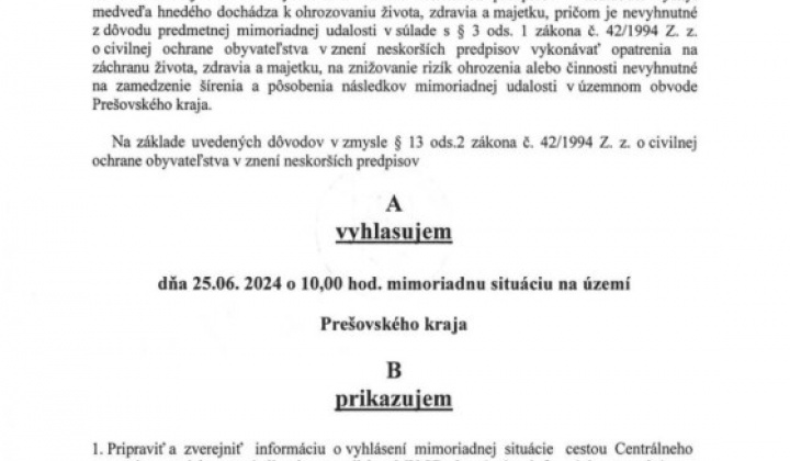 1. fotografia fotogalérie Vyhlásenie mimoriadnej situácie na území Prešovského kraja – nežiadúci výskyt medveďa hnedého - foto