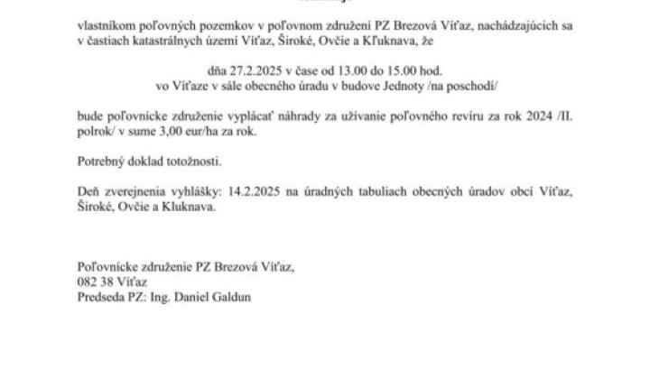 1. fotografia fotogalérie VEREJNÁ VYHLÁŠKA – Oznámenie o vyplácaní náhrady za užívanie poľovných pozemkov poľovného revíru PZ Brezová Víťaz - foto