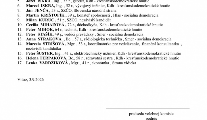 1. fotografia fotogalérie Aktuality / Zoznam registrovaných kandidátov p pre voľby do Obecného zastupiteľstva obce Víťaz - foto