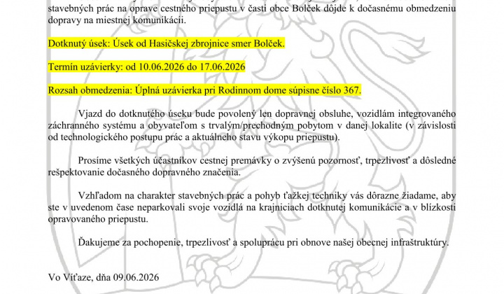 Fotka - OZNAM-Uzávierka cesty 